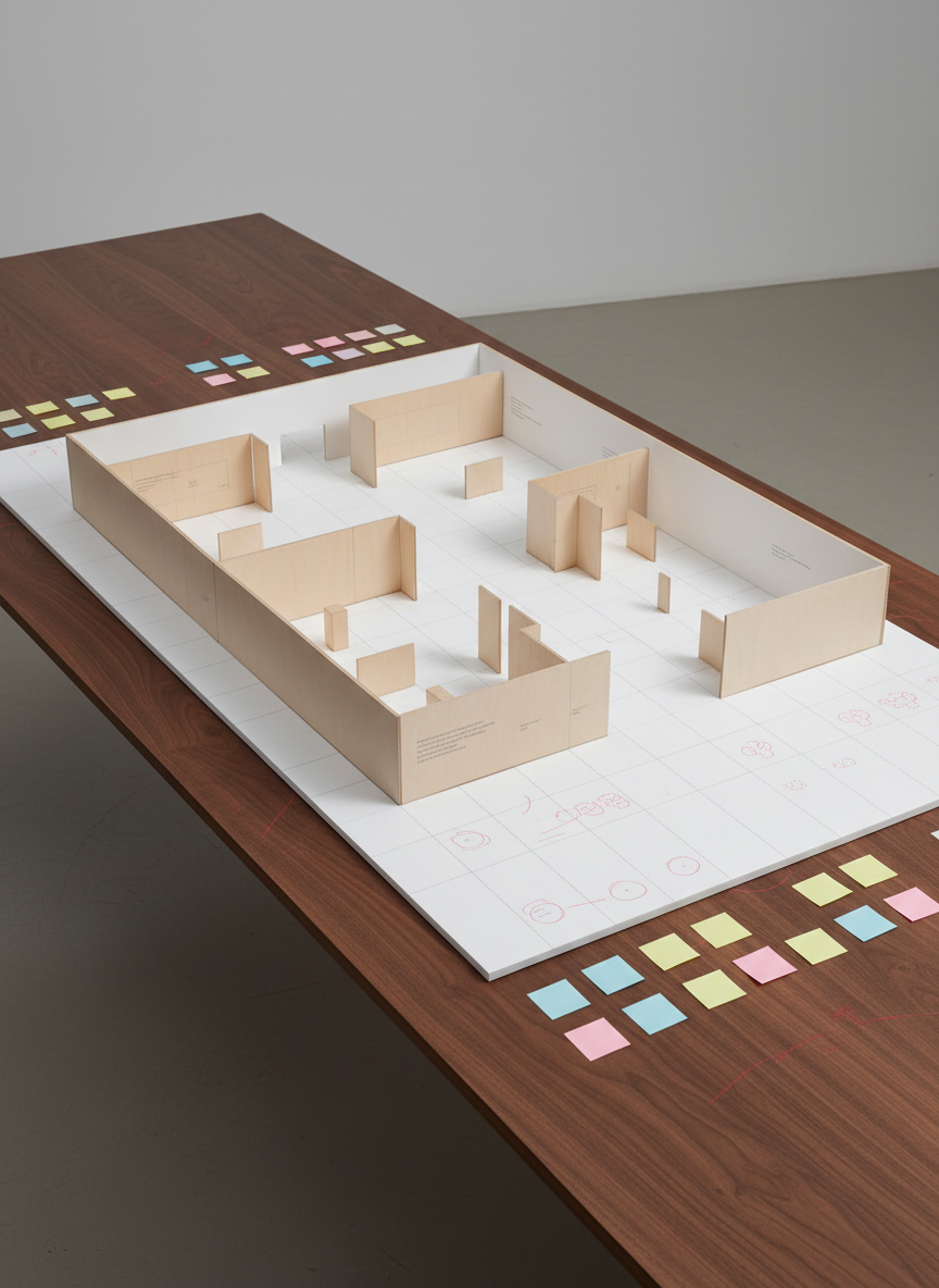 A pristine exhibition model of a gallery space in 1:50 scale, constructed from smooth white foam board and thin basswood walls, displayed on a long dark walnut table. Tiny plinths and movable partition walls are carefully positioned, with miniature labels and wall texts rendered as delicate grey lines. A grid of colored Post-it notes and red pencil marks surround the model, hinting at in-progress curatorial decisions. Soft studio lighting from above casts crisp, architectural shadows that highlight the geometry of the layout. Photographic realism with a slightly elevated three-quarter angle, capturing the entire table and part of the neutral studio floor, creating a contemplative, analytical atmosphere that emphasizes curatorial design as both intellectual and spatial practice.