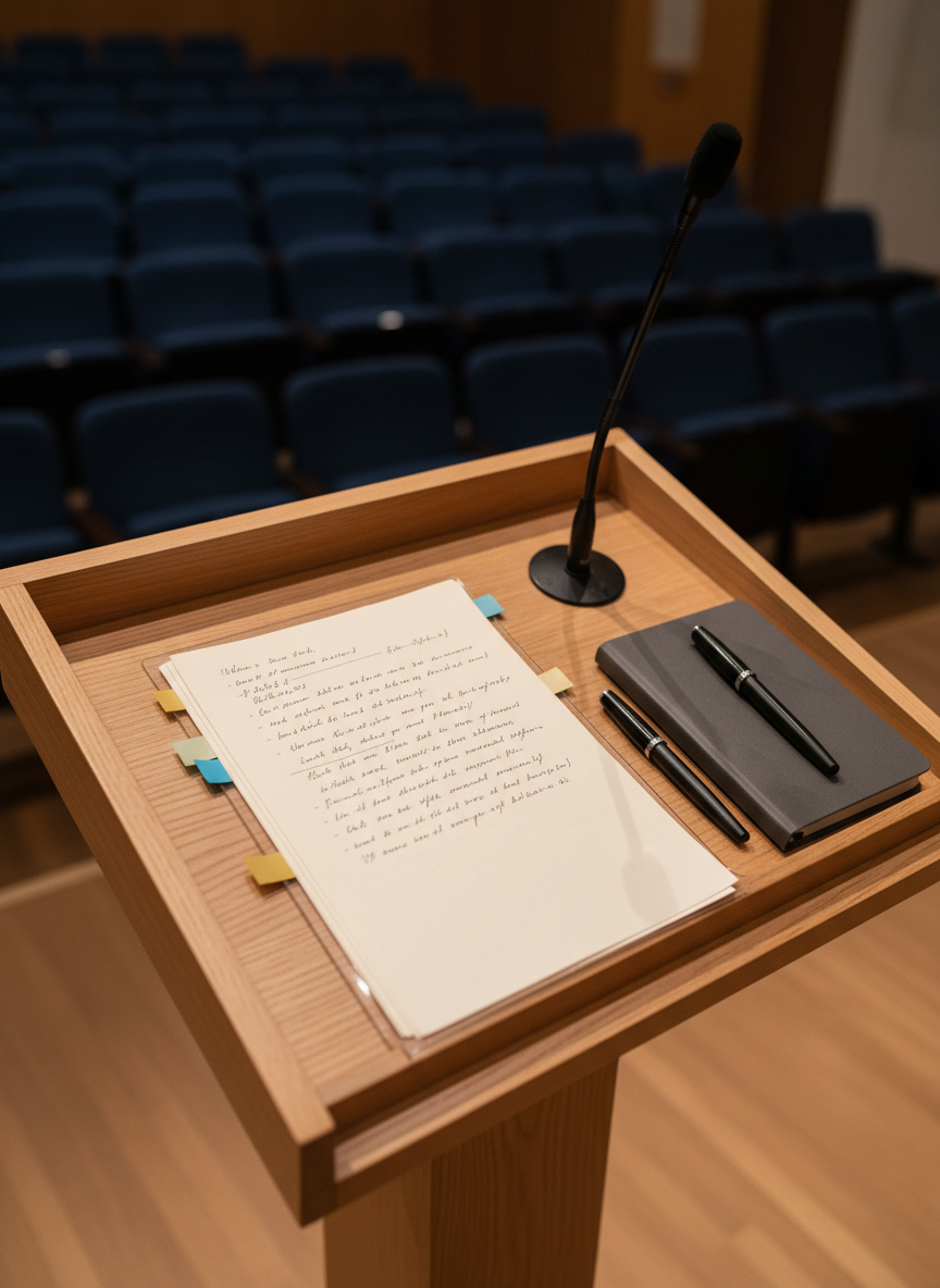 A minimalist lecture podium in a small museum auditorium, holding a slim stack of annotated lecture notes printed on crisp ivory paper, each page marked with fine pencil underlines and discreet sticky flags in muted blues and ochres. A black gooseneck microphone arcs elegantly over the top, while a closed charcoal-grey notebook and a fountain pen with a matte black barrel rest to the side. Behind, rows of empty, dark fabric-upholstered chairs fade into soft blur. Warm, focused stage lighting illuminates the podium surface, creating gentle highlights on the paper edges and pen clip. Photographic realism with a medium close-up, low angle that foregrounds the notes and microphone, evoking an intimate, anticipatory atmosphere for talks on museum and cultural studies.