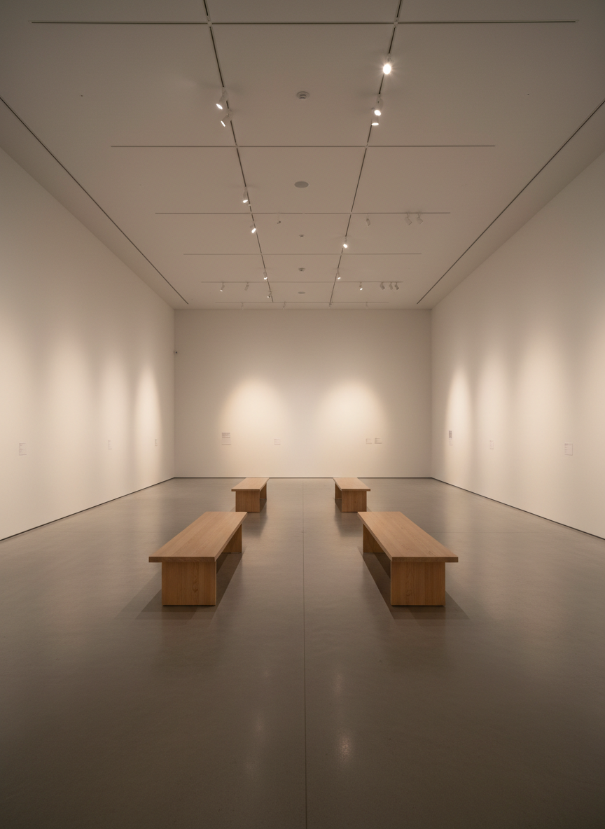 An empty, impeccably lit museum gallery with smooth off-white walls and a polished, slightly reflective concrete floor, prepared for a new exhibition. Narrow, adjustable track lights in the ceiling form a subtle grid, casting controlled pools of warm light on the bare walls, leaving the floor in cooler shadow. Low benches of pale ash wood sit symmetrically along the center axis, and discreet wall labels await future artworks. Photographic realism with a wide-angle lens at eye level, emphasizing the volume and silence of the room. The atmosphere feels anticipatory, refined, and contemplative, suggesting the careful, unseen labor of curating and exhibition design in American and global cultural contexts.